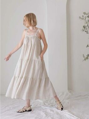 Anthropologie Laude The Label Strappy Tiered Natural Linen Maxi Dress Size XS